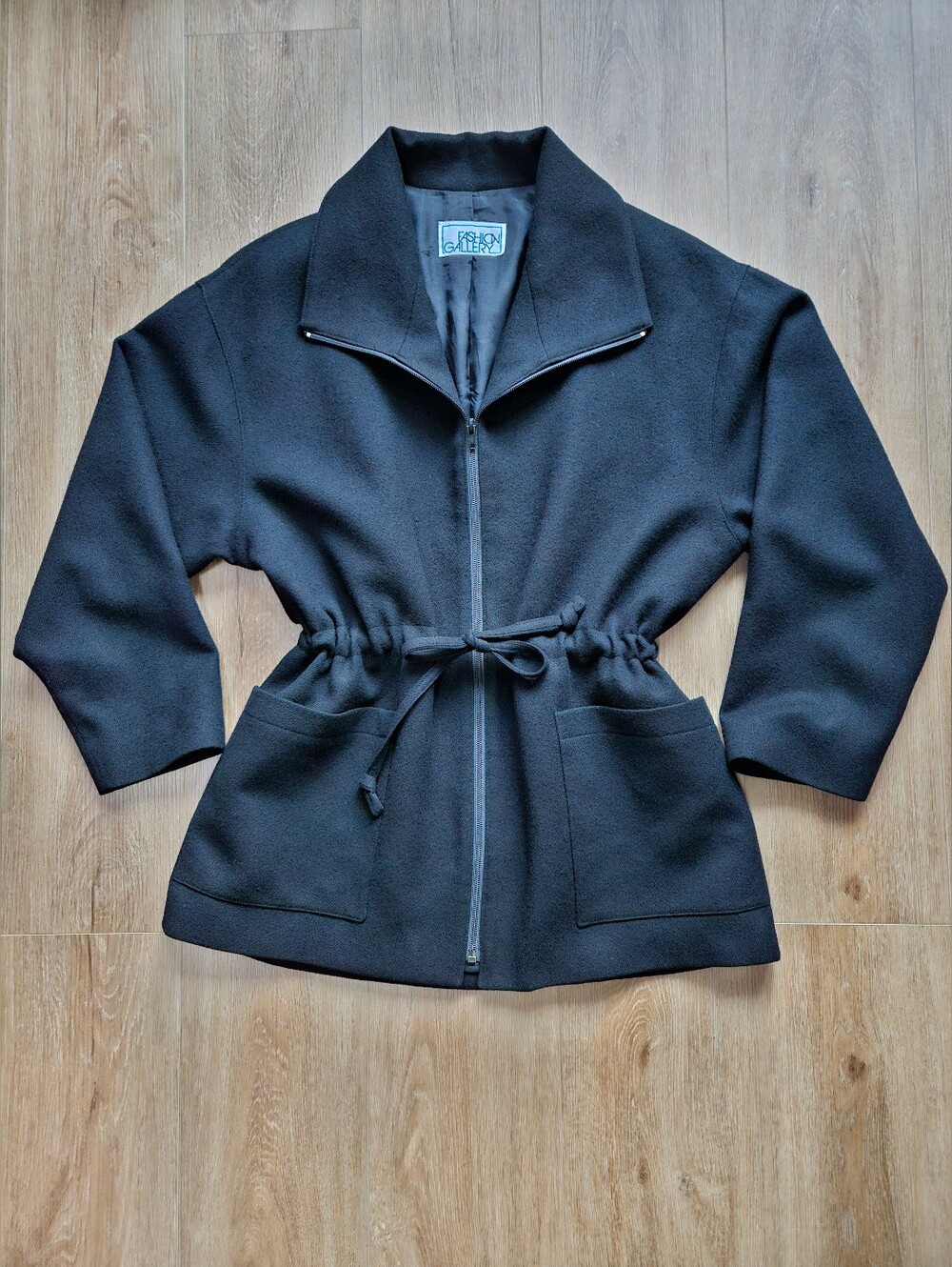 Vintage Fashion Gallery Black 100% Wool Drawstring Jacket Coat Canada Size 8/12